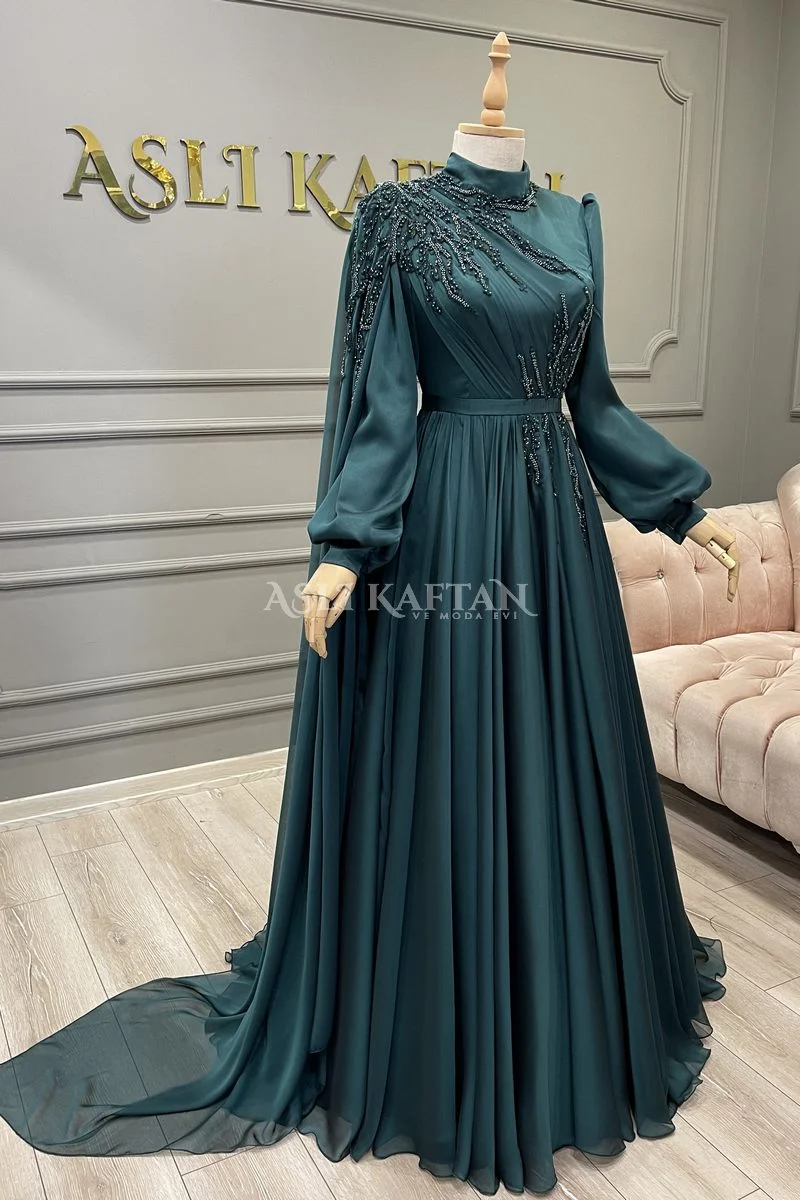 Kiraz Zümrüt Yeşili Balon Kol Abiye - Nişanlık Modeli