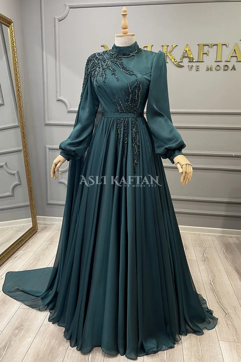 Kiraz Zümrüt Yeşili Balon Kol Abiye - Nişanlık Modeli