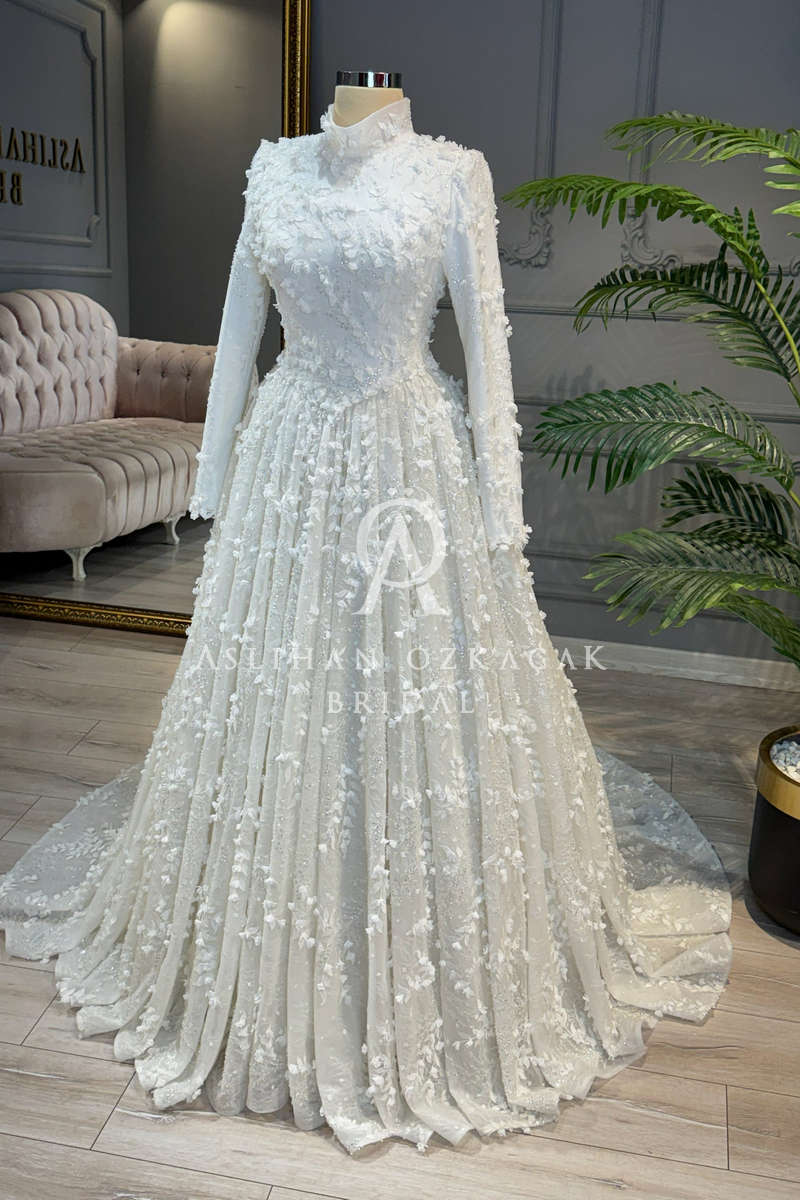 Floreon Üç Boyutlu Dantel Tesettür Gelinlik Modeli