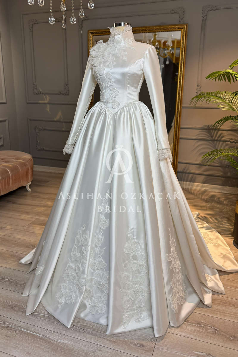 Gardenya Saten Tesettür Gelinlik Modeli