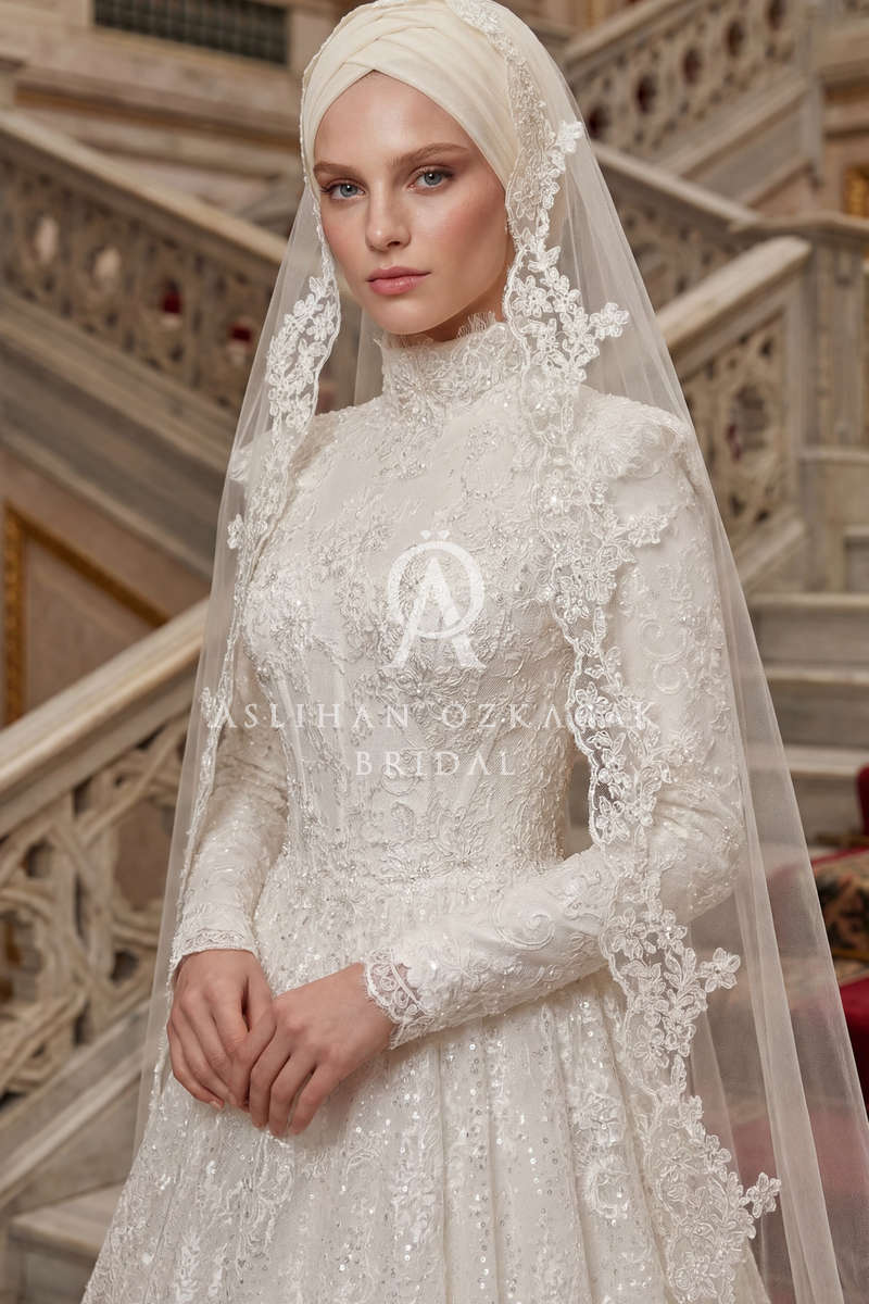 İsabella Fransız Danteli Tesettür Gelinlik Modeli