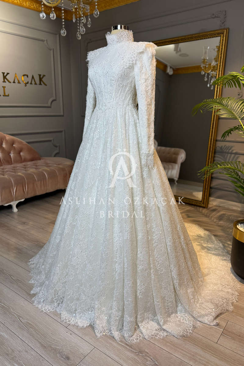 İsabella Fransız Danteli Tesettür Gelinlik Modeli