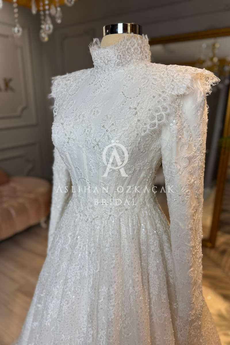 İsabella Fransız Danteli Tesettür Gelinlik Modeli