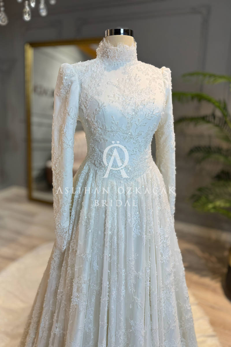Angelica Fransız Dantel Tesettür Gelinlik Modeli