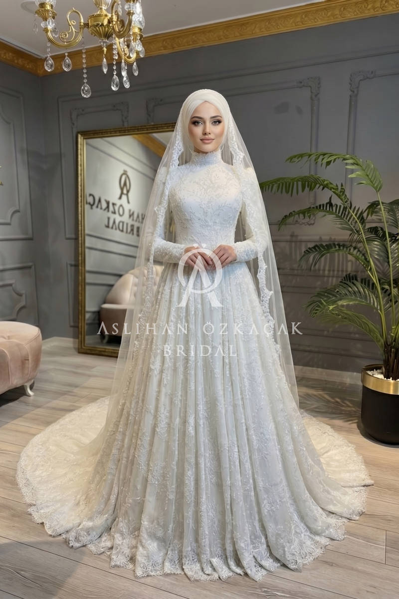 Angelica Fransız Dantel Tesettür Gelinlik Modeli
