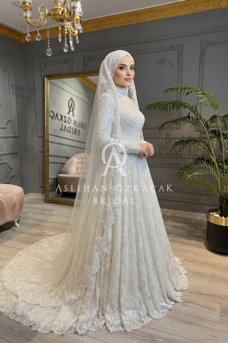 Angelica Fransız Dantel Tesettür Gelinlik Modeli