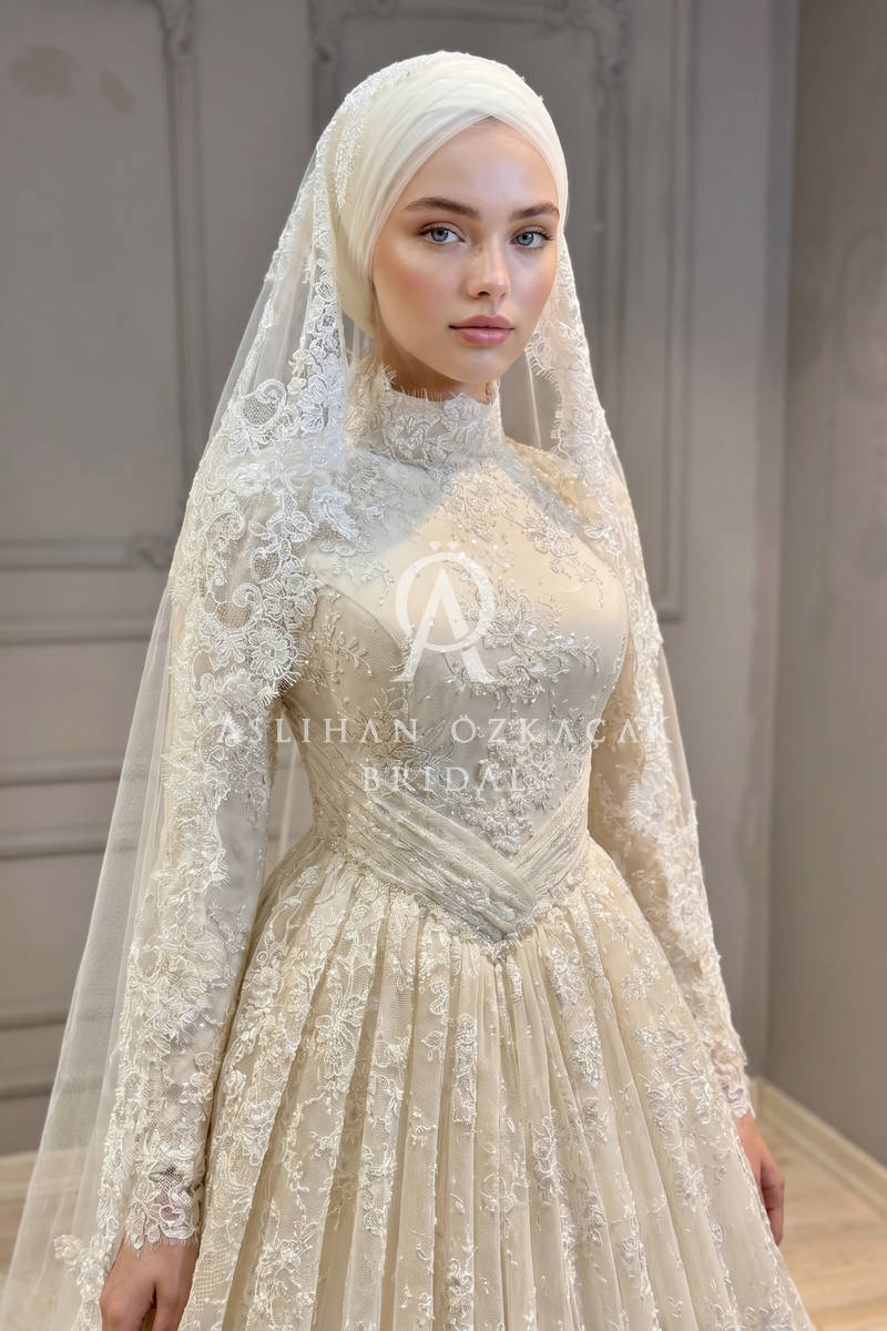 Vanessa Fransız Dantel Tesettür Gelinlik Modeli