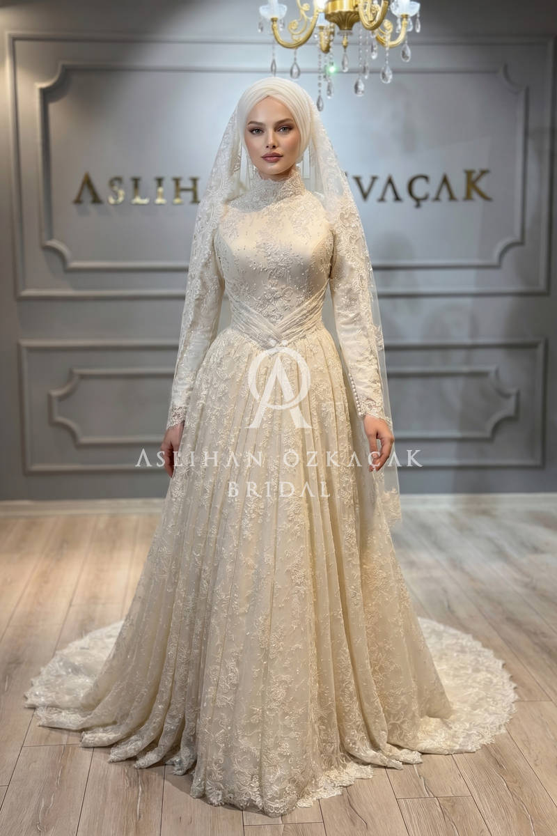 Vanessa Fransız Dantel Tesettür Gelinlik Modeli