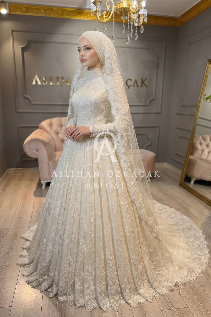 Vanessa Fransız Dantel Tesettür Gelinlik Modeli